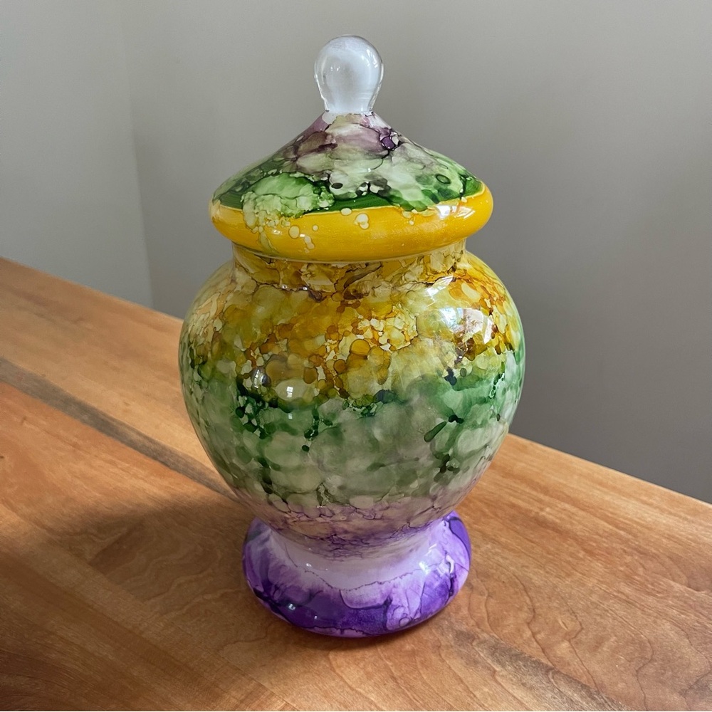 Vidi Art Glass Italian Handmade 10" Jar + Lid Yellow Purple Green Large Naples